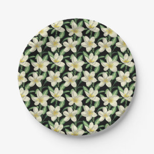 Tropical seamless pattern white flowers green leaf paper plate