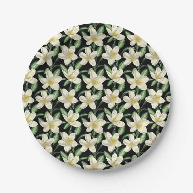 Tropical seamless pattern white flowers green leaf paper plate (Front)