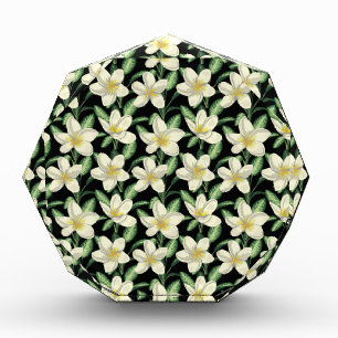 Tropical seamless pattern white flowers green leaf photo block
