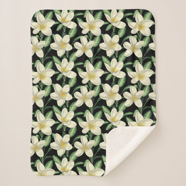Tropical seamless pattern white flowers green leaf sherpa blanket (Front)