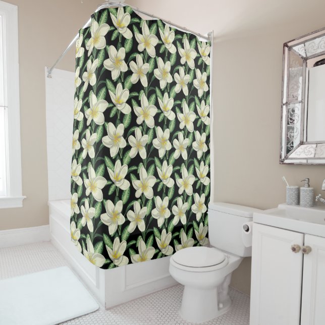Tropical seamless pattern white flowers green leaf shower curtain (In Situ)