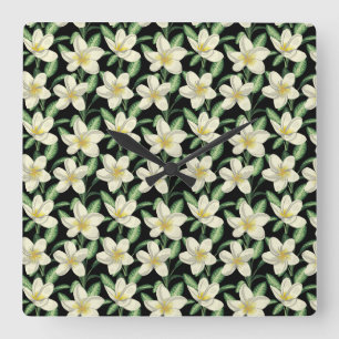 Tropical seamless pattern white flowers green leaf square wall clock