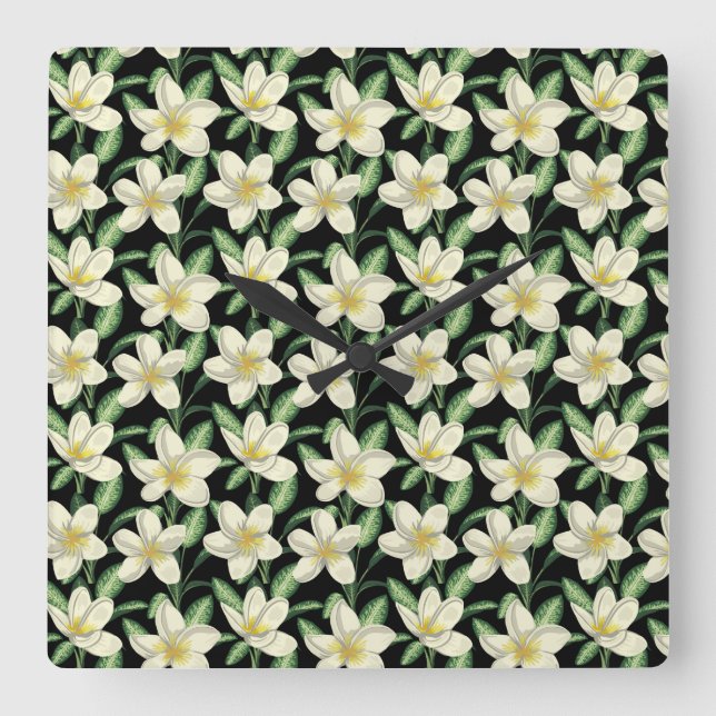 Tropical seamless pattern white flowers green leaf square wall clock (Front)
