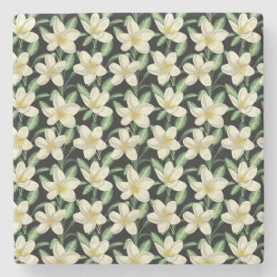 Tropical seamless pattern white flowers green leaf stone coaster