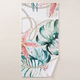 Tropical seamless pattern with orchids leaves and bath towel
