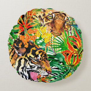 tropical seamless pattern with tiger. watercolor j round cushion