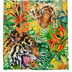 tropical seamless pattern with tiger. watercolor j shower curtain