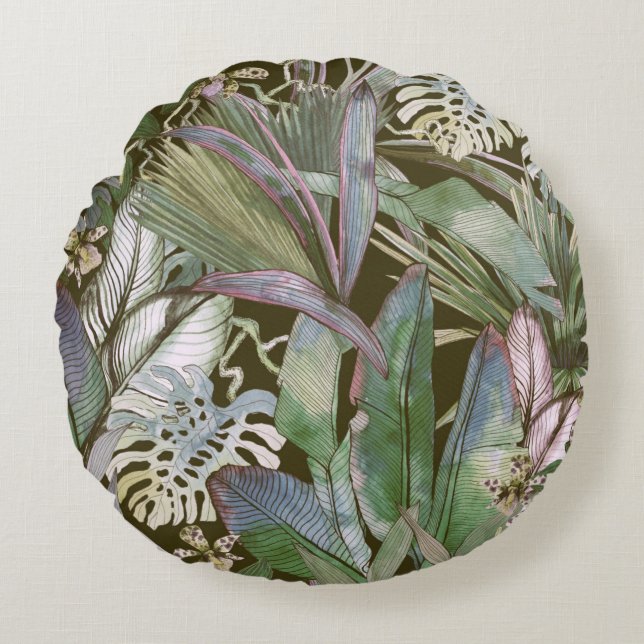 Tropical seamless pattern with tropical flowers, b round cushion (Front)