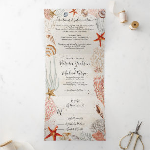 Tropical Seashell and Coral Sandy Beach Wedding Tri-Fold Invitation