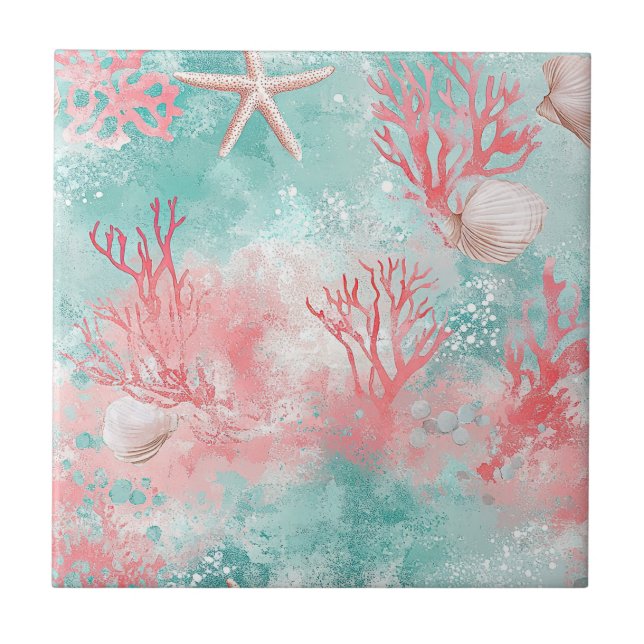Tropical Seashell Coral Pattern Tile (Front)
