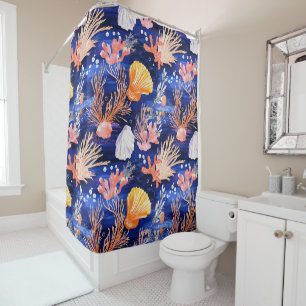 Tropical Seashell Starfish Orange Pink Cobalt Shower Curtain