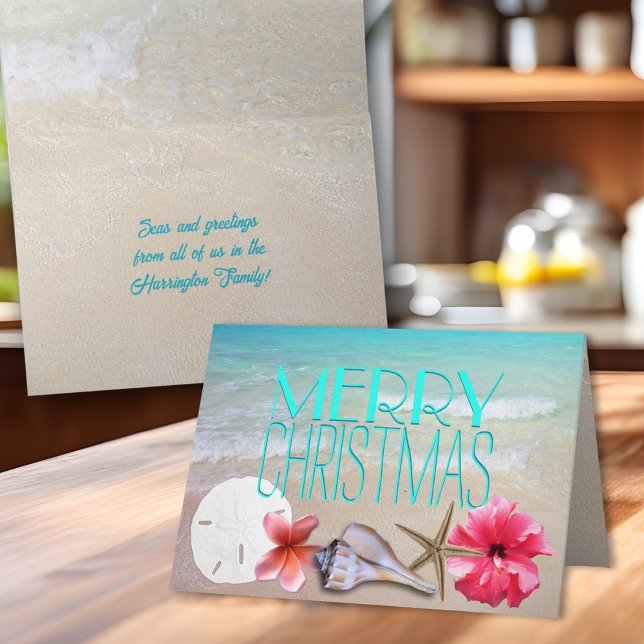 Tropical Seashells and Flowers Message Christmas Holiday Card (Creator Uploaded)