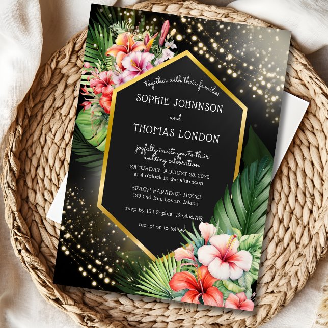 Tropical seaside night dark watercolor wedding invitation (Creator Uploaded)