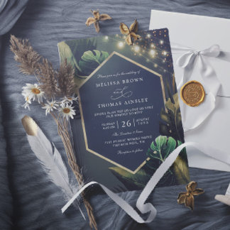 Tropical Seaside Night Gold Palms QR Code Wedding Invitation