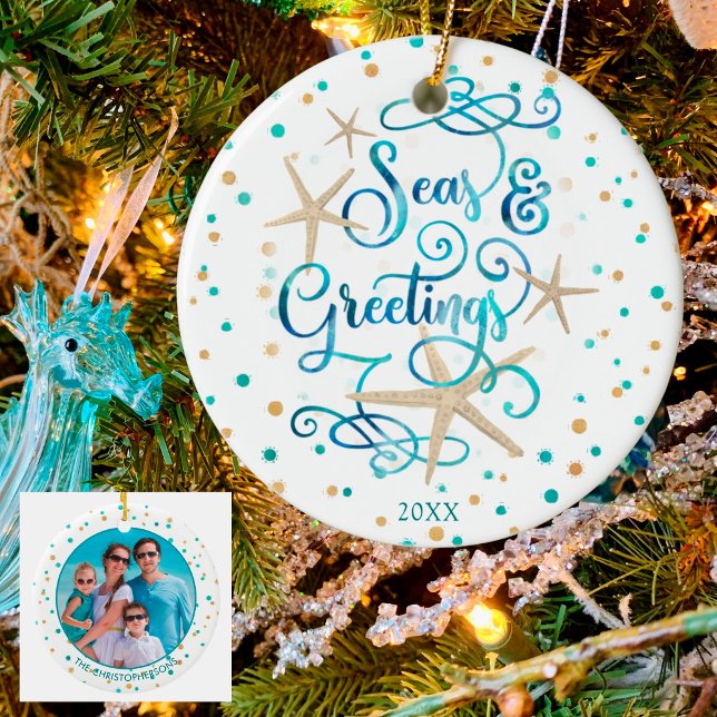 Tropical SEAsons Greetings Beach Script Photo Ceramic Tree Decoration (Creator Uploaded)