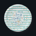 Tropical SEAson's Greetings Party Paper Plate<br><div class="desc">A fun, tropical twist on "Season's Greetings" with "Seas AND Greetings" featuring a tropical or beach look and feel to your Christmas holiday party and entertaining. The modern, elegant scroll script typography in a gorgeous turquoise ocean watercolor really pops against an aqua teal stripe and turquoise and brown dot background...</div>