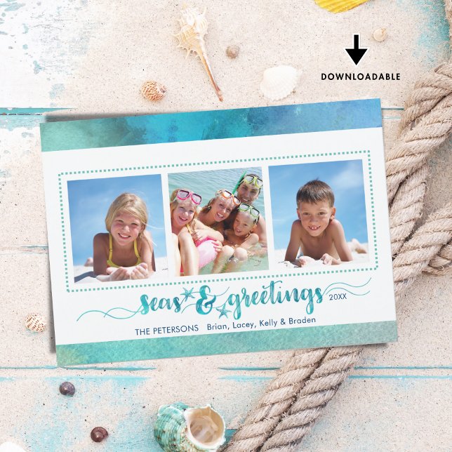 Tropical SEAson's Greetings Three Photos Holiday Card (Creator Uploaded)