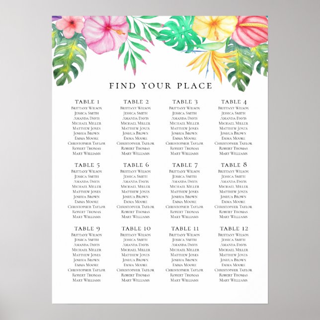 Tropical seating chart. Summer exotic wedding Poster (Front)