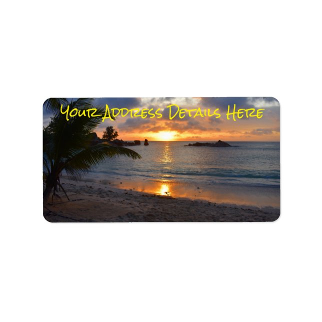 Tropical Seychelles Island Palm Tree Beach Sunset Label (Front)