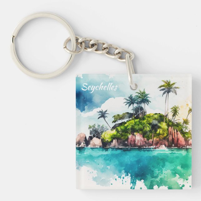 Tropical Seychelles Islands Painting Key Ring (Front)