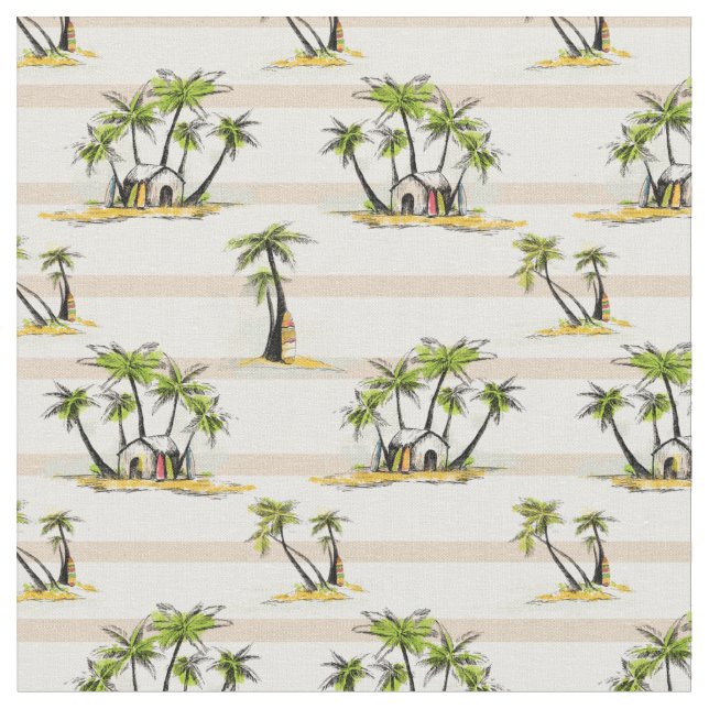 Tropical Shack And Palms Fabric (Close Up)