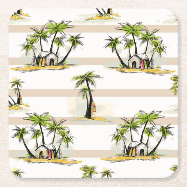 Tropical Shack And Palms Square Paper Coaster (Front)