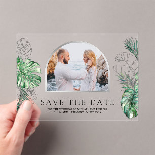 Tropical Silver Palm Photo Wedding Save the Date Acrylic Invitations