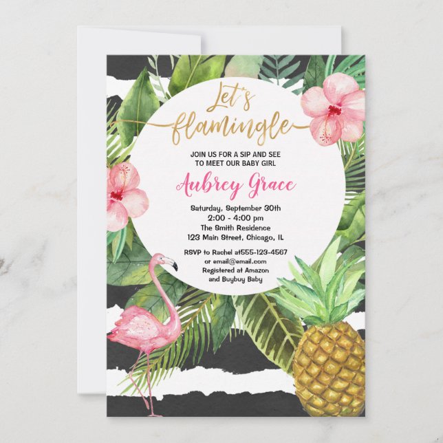 Tropical sip and see, meet baby girl flamingo invitation (Front)