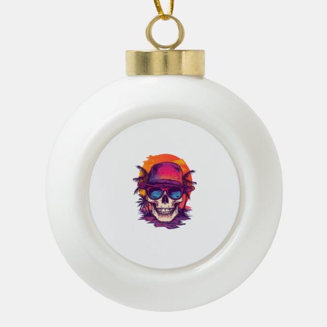 Tropical Skull Vibe Ceramic Ball Christmas Ornament (Front)