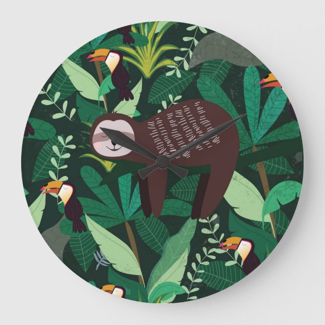 Tropical Sloth: Cartoon Seamless Pattern Large Clock (Front)