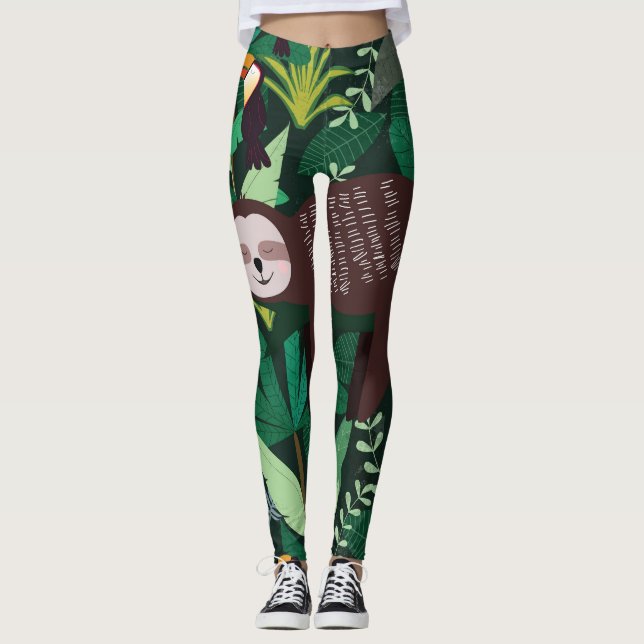 Tropical Sloth: Cartoon Seamless Pattern Leggings (Front)