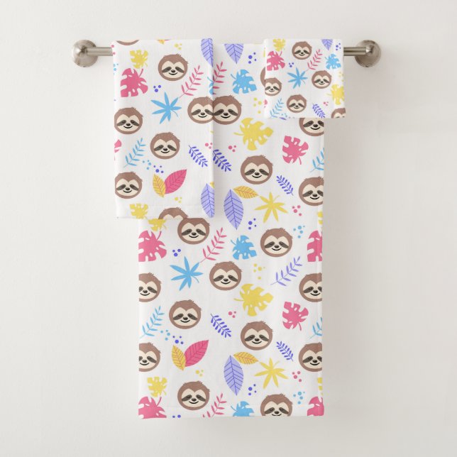 Tropical Sloth & Leaves Pattern Bath Towel Set (Insitu)