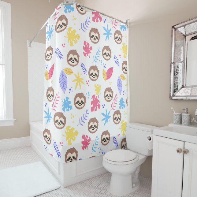 Tropical Sloth & Leaves Pattern Shower Curtain (In Situ)