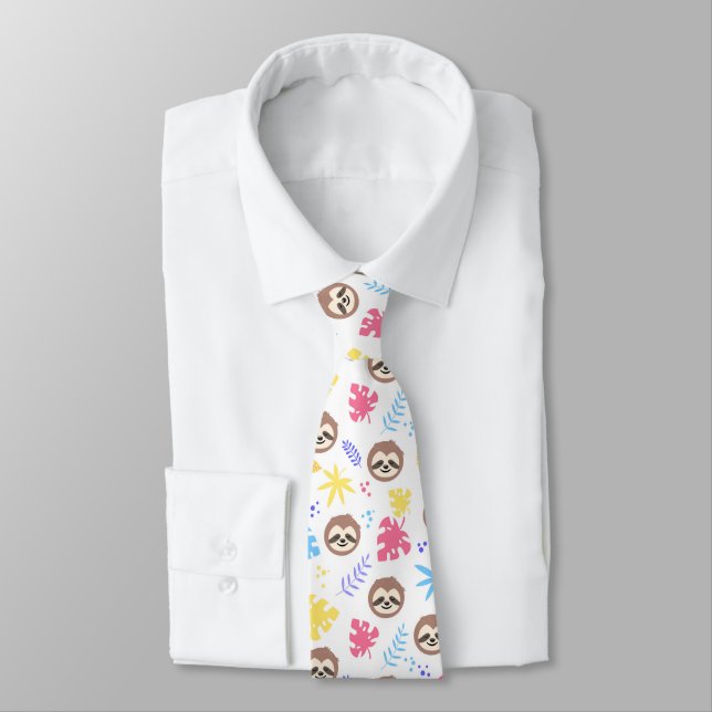 Tropical Sloth & Leaves Pattern Tie (Tied)