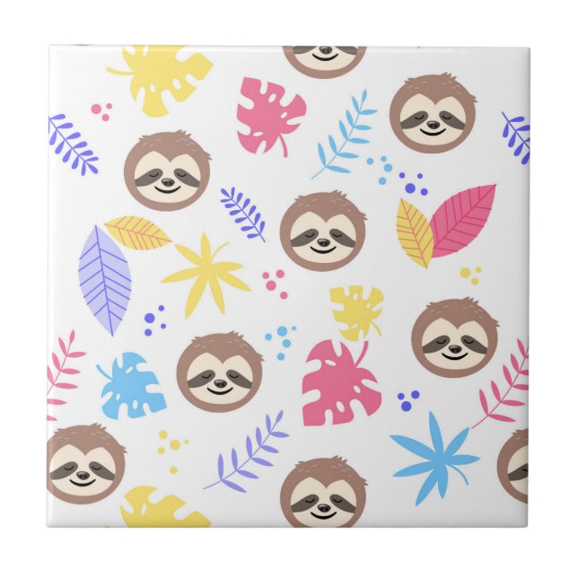 Tropical Sloth & Leaves Pattern Tile (Front)