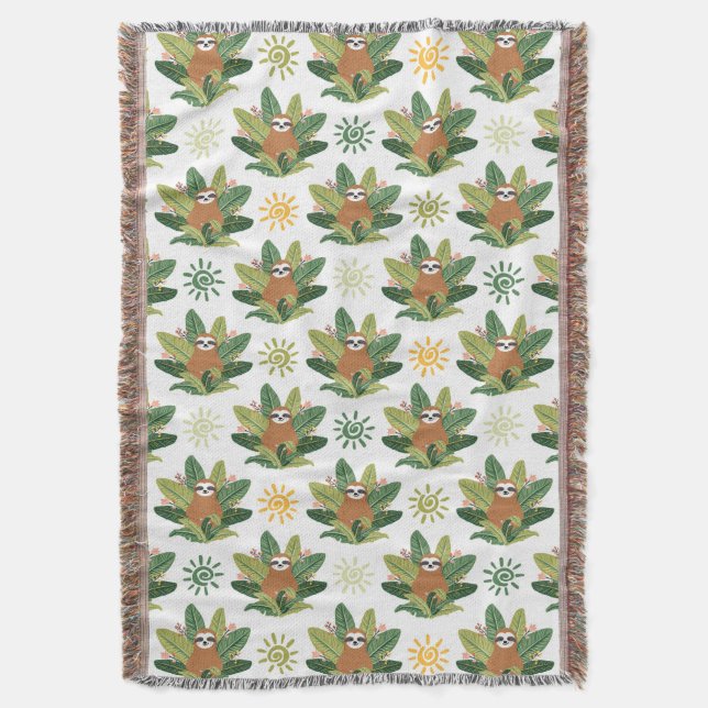 Tropical Sloth Pattern Throw Blanket (Front Vertical)