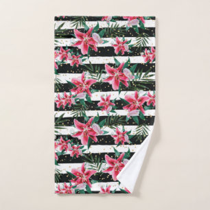 Tropical Sparkling Flowers Black and White Stripes Hand Towel