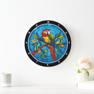 Tropical Splendour" - Stained Glass Parrot Wall Large Clock