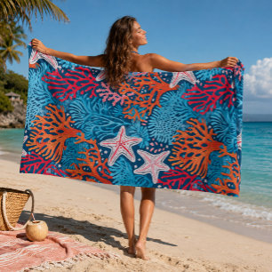 Tropical starfish and coral pattern beach towel
