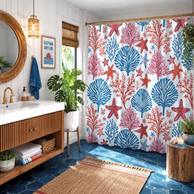 Tropical starfish and coral pattern shower curtain (Creator Uploaded)