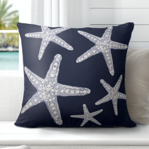 Tropical Starfish Navy Blue White Throw Pillow
