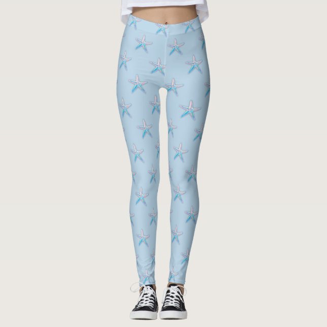 Tropical Starfish Pattern Light Blue Leggings (Front)