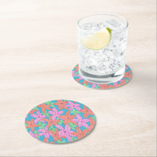 Tropical Starfish Pattern Round Paper Coaster