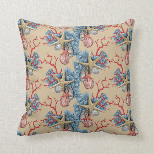 Tropical Starfish Shells Coral Blue Tan Copper Cushion