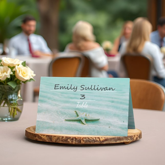 Tropical Starfish Wedding Aqua Ocean Beach Theme Place Card (Tropical starfish wedding place cards with soft aqua palette and beachy starfish for an ocean theme.)