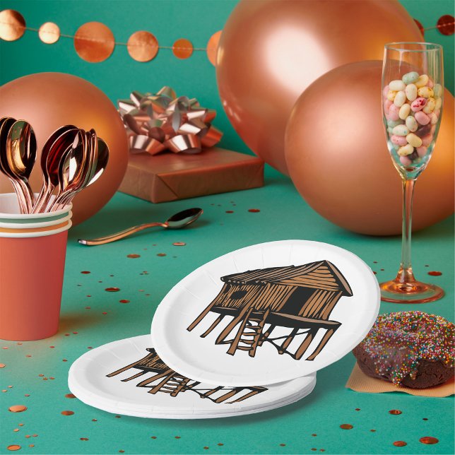 Tropical Stilt House Traditional Thatched Hut Paper Plate (Creator Uploaded)