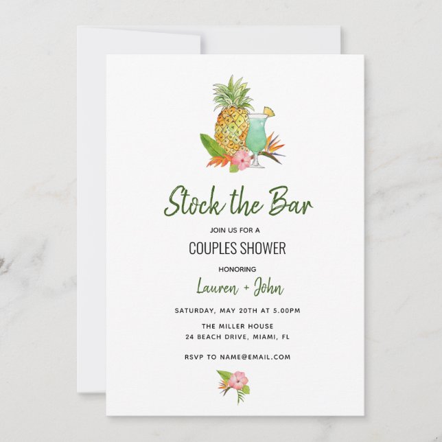 Tropical Stock the Bar Couples shower invitation (Front)