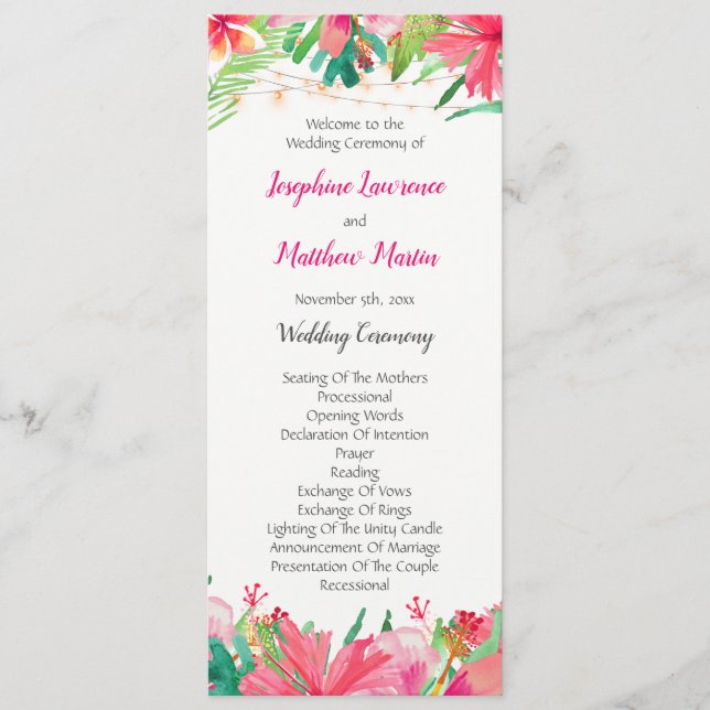 Tropical String Lights Floral Wedding Program Programme (Front)
