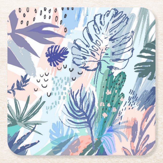 Tropical Style Floral Pattern Square Paper Coaster (Front)