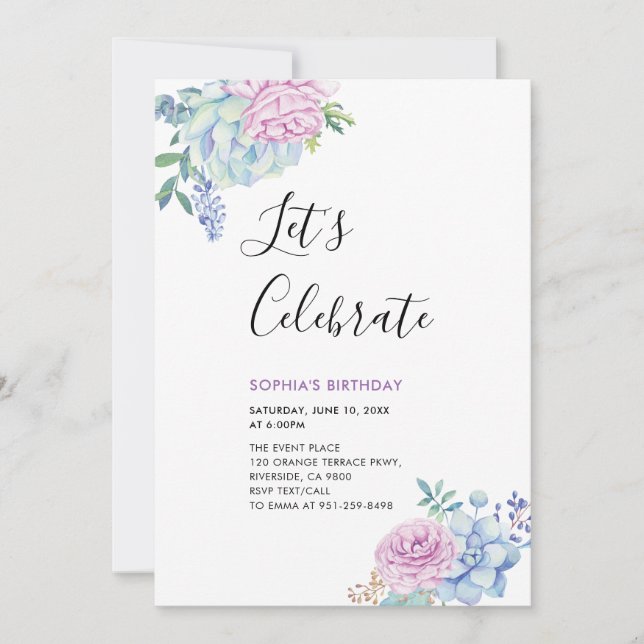 Tropical Succulents Summer Adult Birthday Party Invitation (Front)
